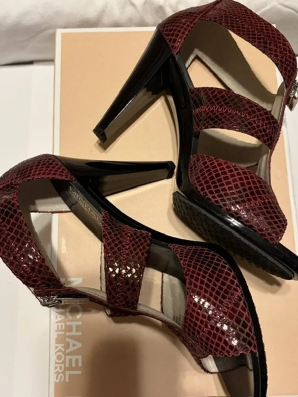 Michael Kors Berkley T-Strap Sandals Burgundy Snake Print